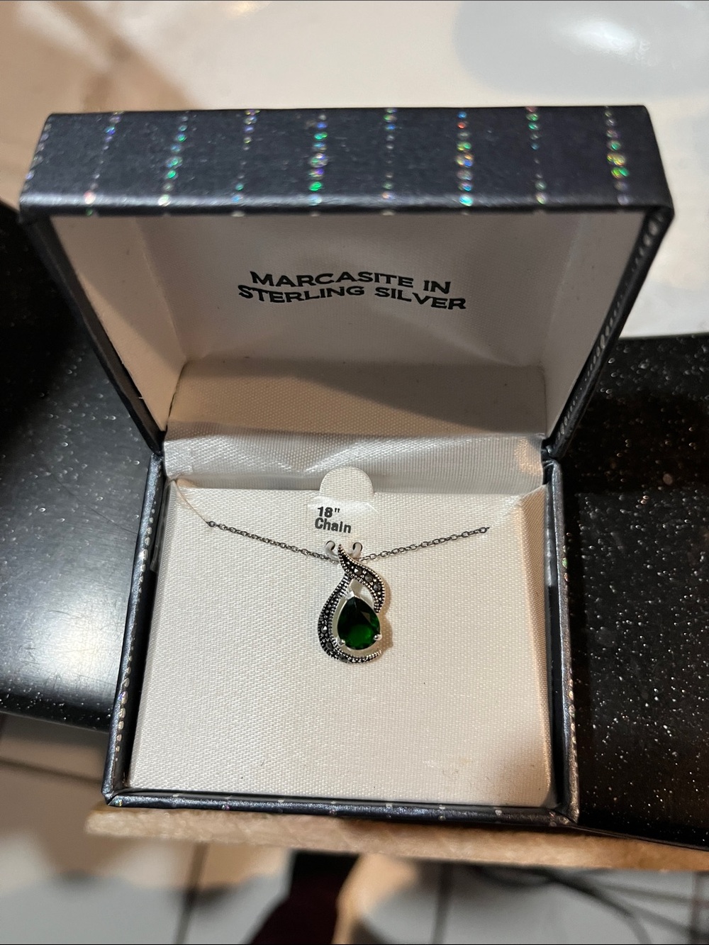 Sterling Silver Teardrop Necklace with Green Stone and Marcasite Accents